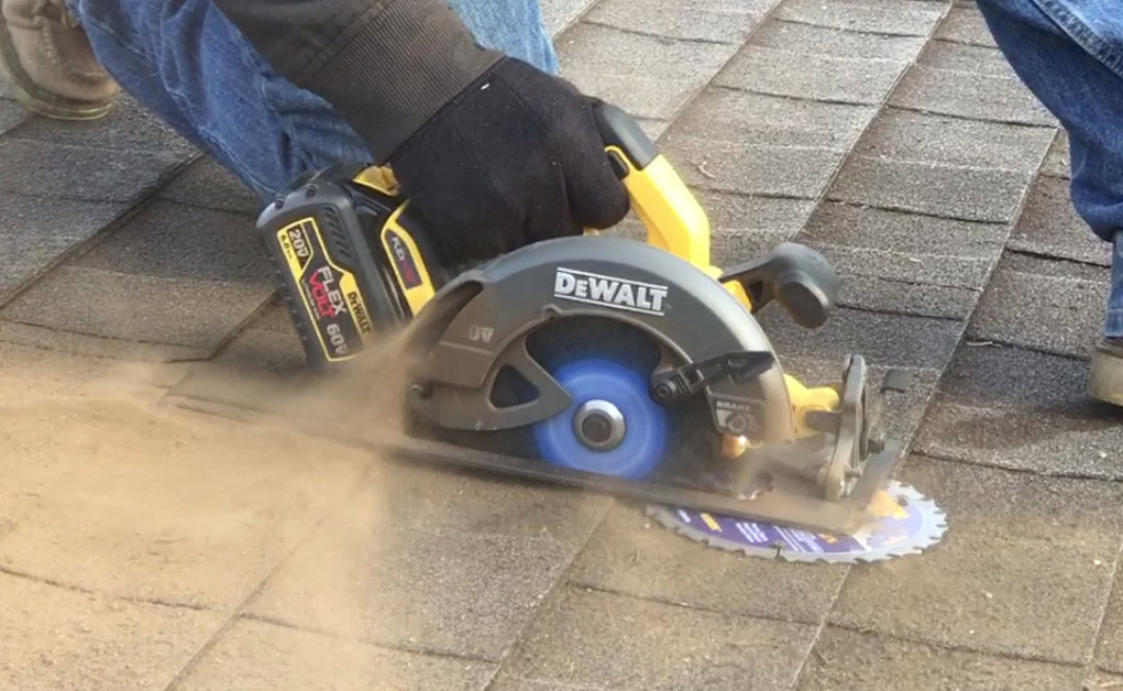 DeWalt FlexVolt® 60V and BigBlue 5T cutting through circular saw blade, shingles, nails, and pine board roof deck.